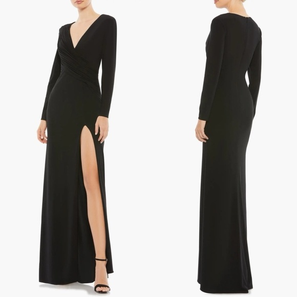 Ieena MAC DUGGAL Black RUCHED Jersey LONG SLEEVE High Slit COLUMN GOWN - Picture 1 of 9